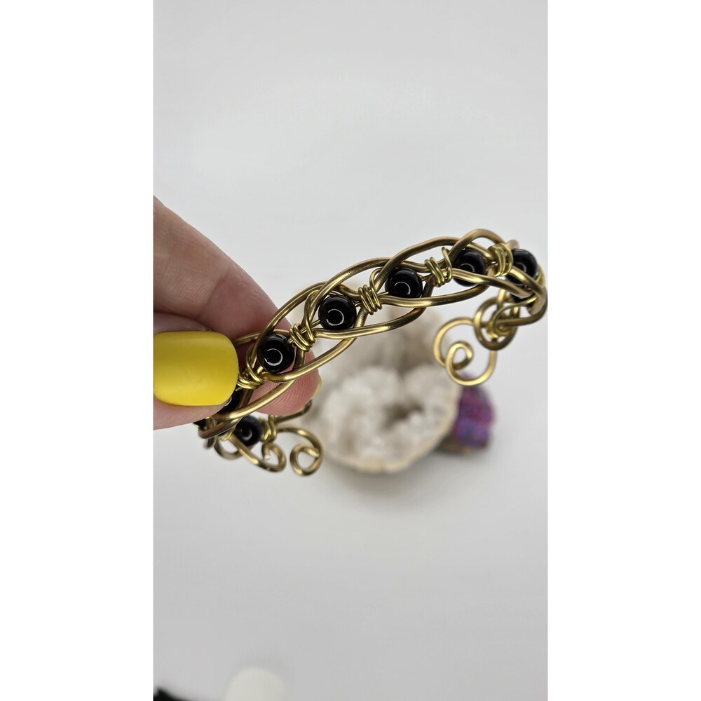 Gold Tone Wire-Wrapped Cuff with Obsidian Beads